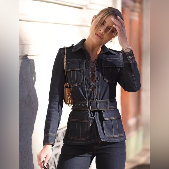Saint Laurent SAHARIAN BELTED LACE-UP DENIM JACKET IN BLUE NWT - Picture 1 of 5